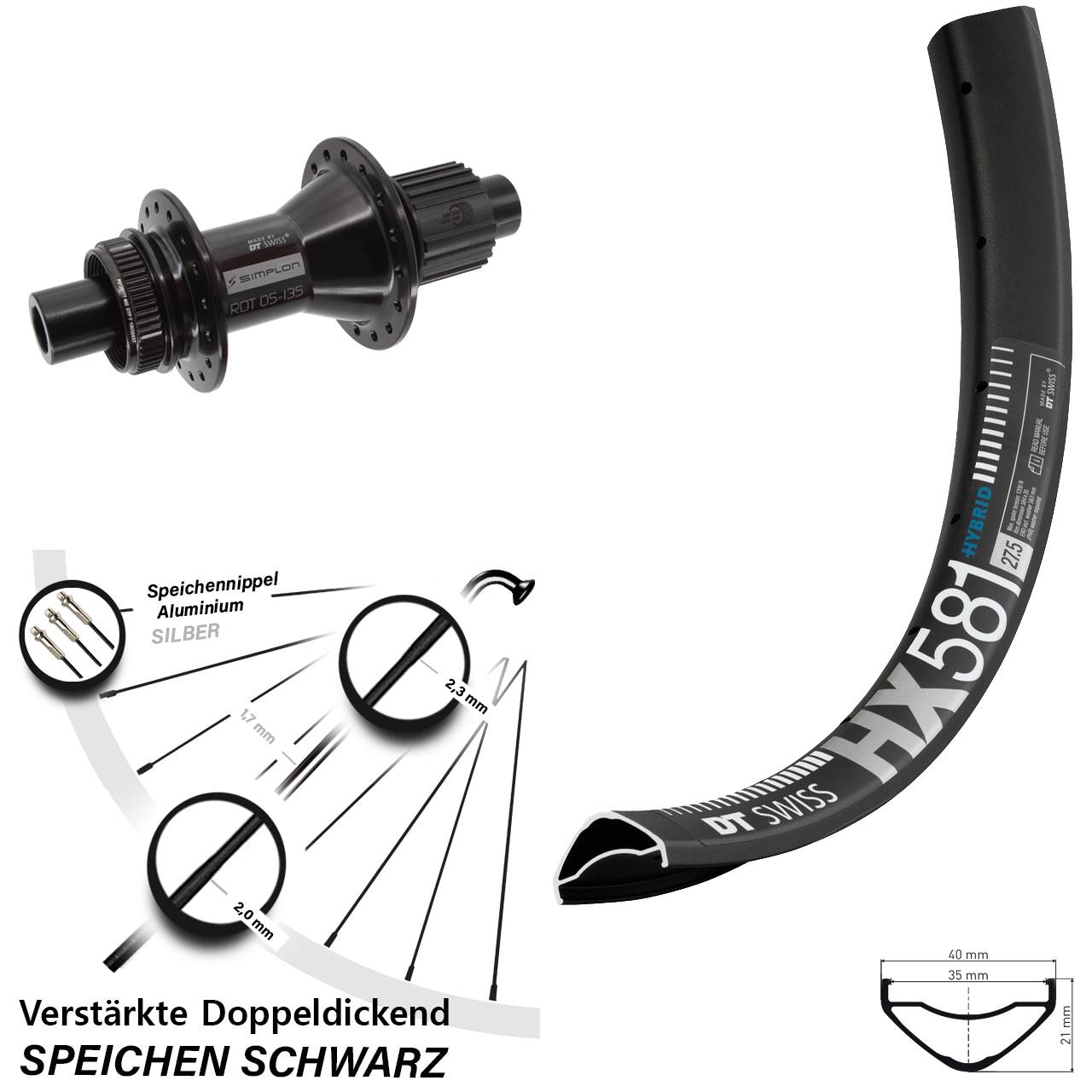 Hinterrad Centerlock 27,5 Zoll DT Swiss HX581 DT Swiss 370 Hybrid Micro Spline 12x142