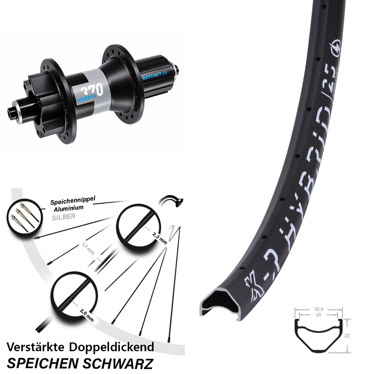 KX-R Hybrid 25 DT Swiss 370 28 Zoll Disc Hinterrad QR Boost 8-11 fach