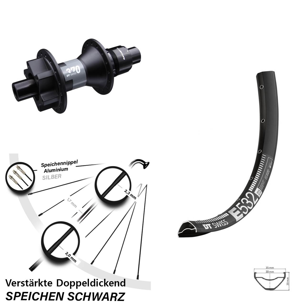 27,5 Zoll E 532 DT Swiss 370 Hinterrad 6-Loch 12x142 SRAM XD