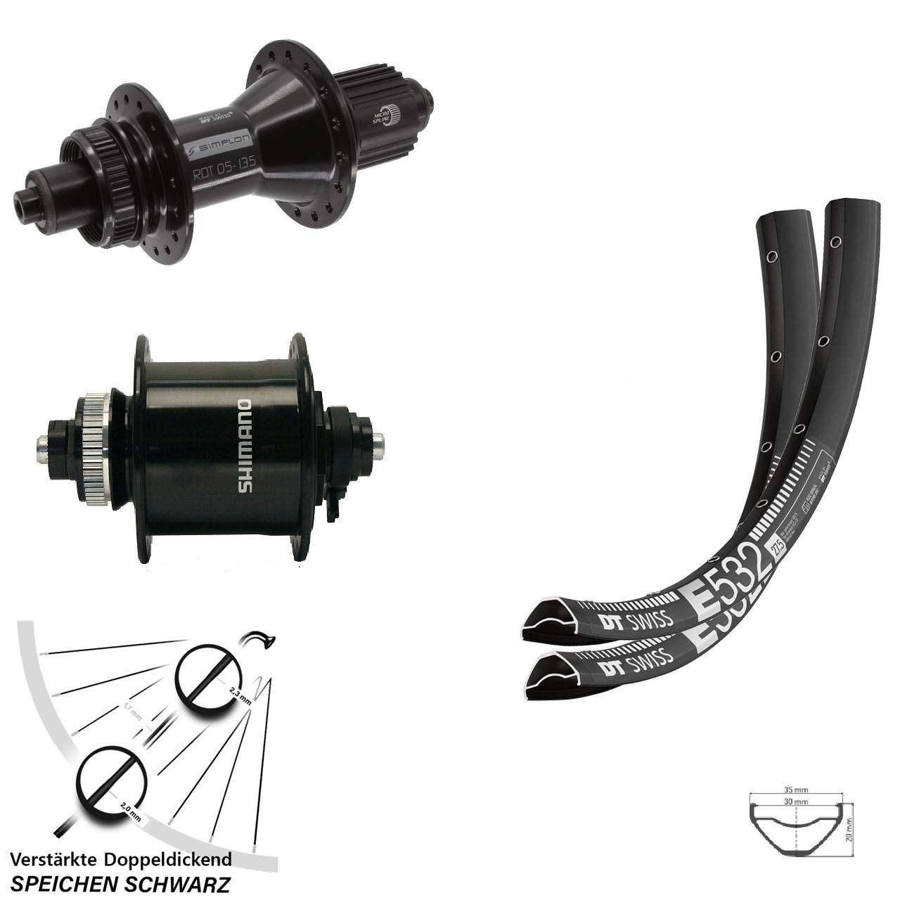 27,5 Zoll DT Swiss E 532 370 Hybrid Shimano DH-UR700 Disc Laufradsatz QR Micro Spline