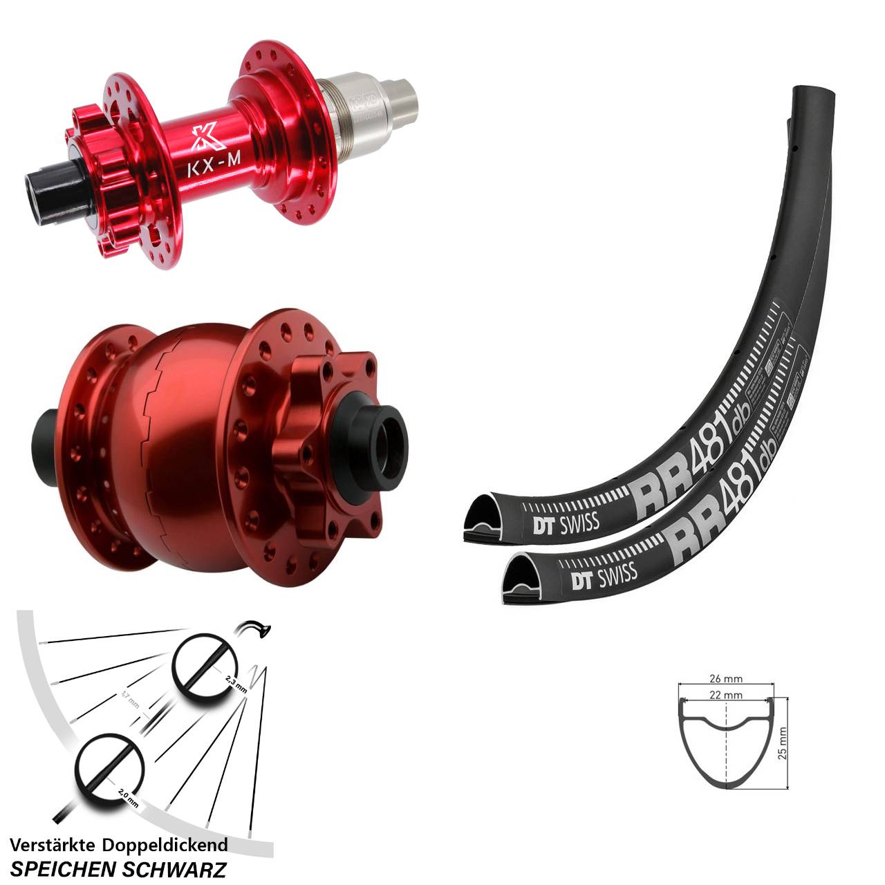 Disc Laufradsatz DT Swiss RR 481 KX-M rot SON 28 Zoll SRAM XD 15x100 12x142