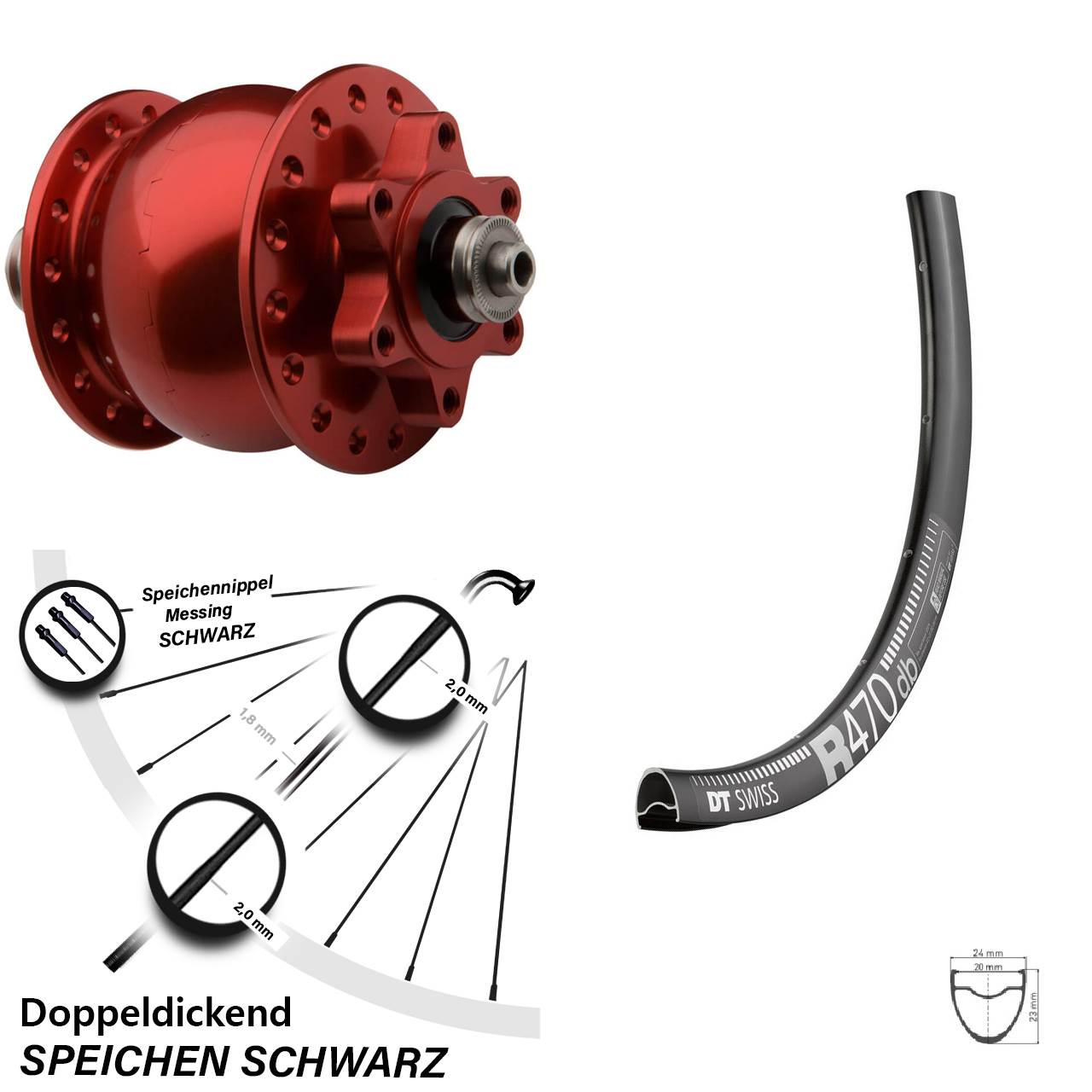 Nabendynamo 6-loch DT Swiss R 470 DB rot eloxierter SON 28 Zoll Vorderrad