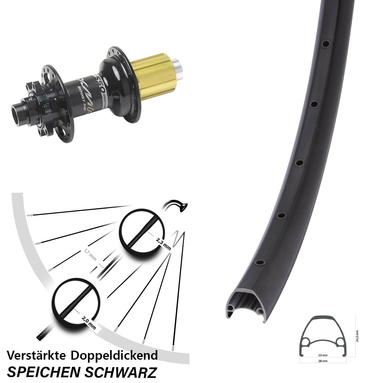 28-29 Zoll Ambrosio Sport Miche XMH 550 Hinterrad 6-Loch 12x148 8-11 fach