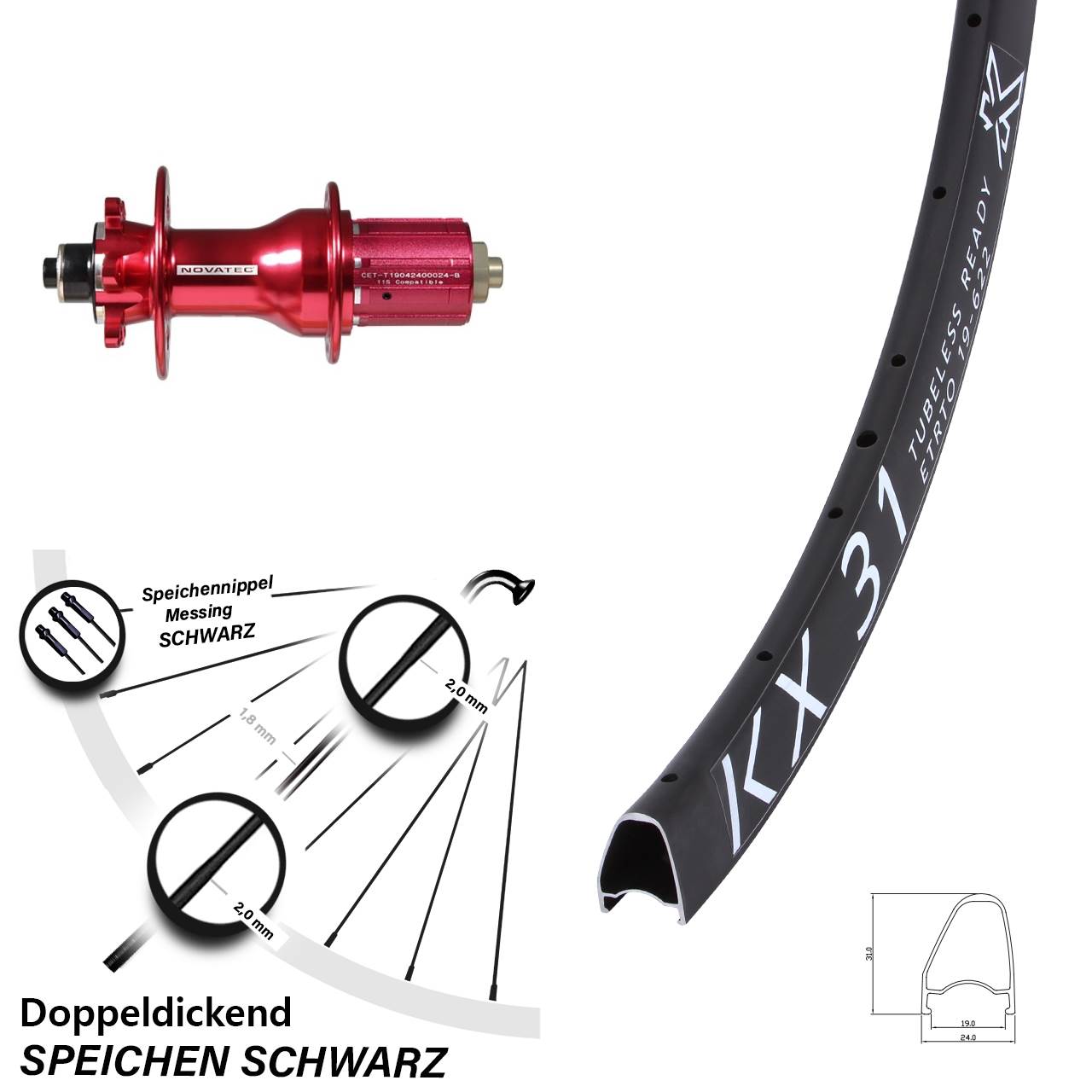 6-Loch Hinterrad 28 Zoll KX31 OS Novatec D792SB 8-12 fach HG für Schnellspanner