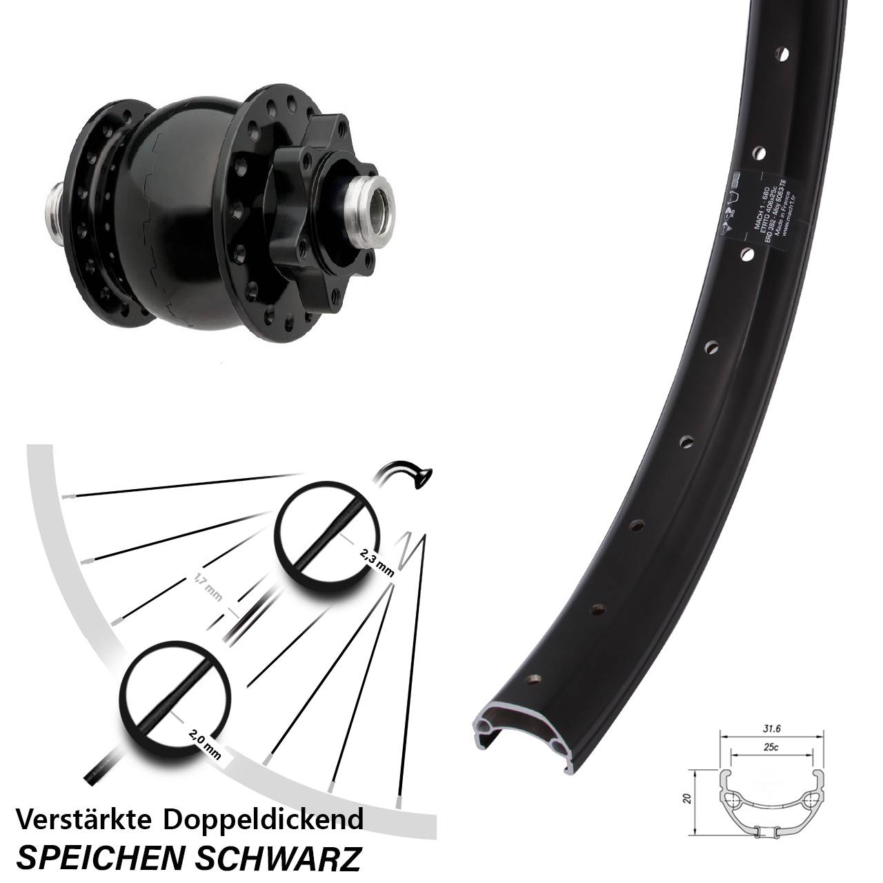 Disc Dynamo-Vorderrad 12x100 20 Zoll Mach1 Kargo SON 28