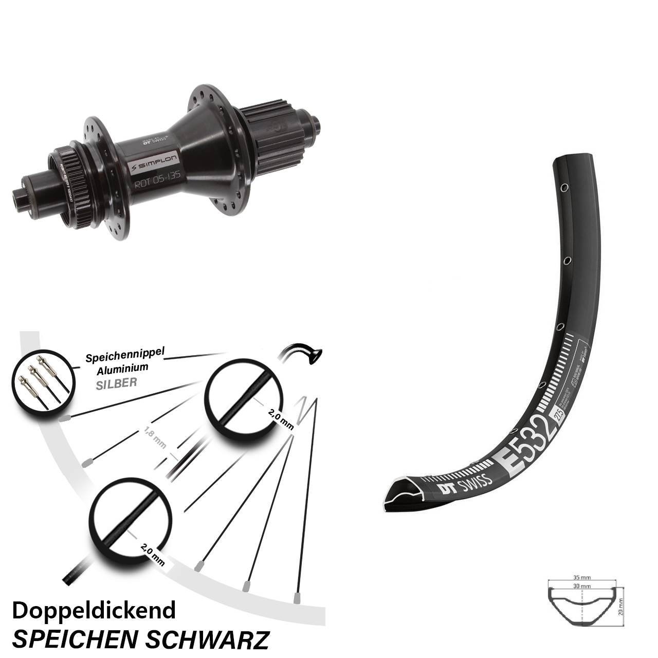DT Swiss E 532-370 Hybrid 27,5 Zoll Disc Laufrad für Schnellspanner Shimano Micro Spline