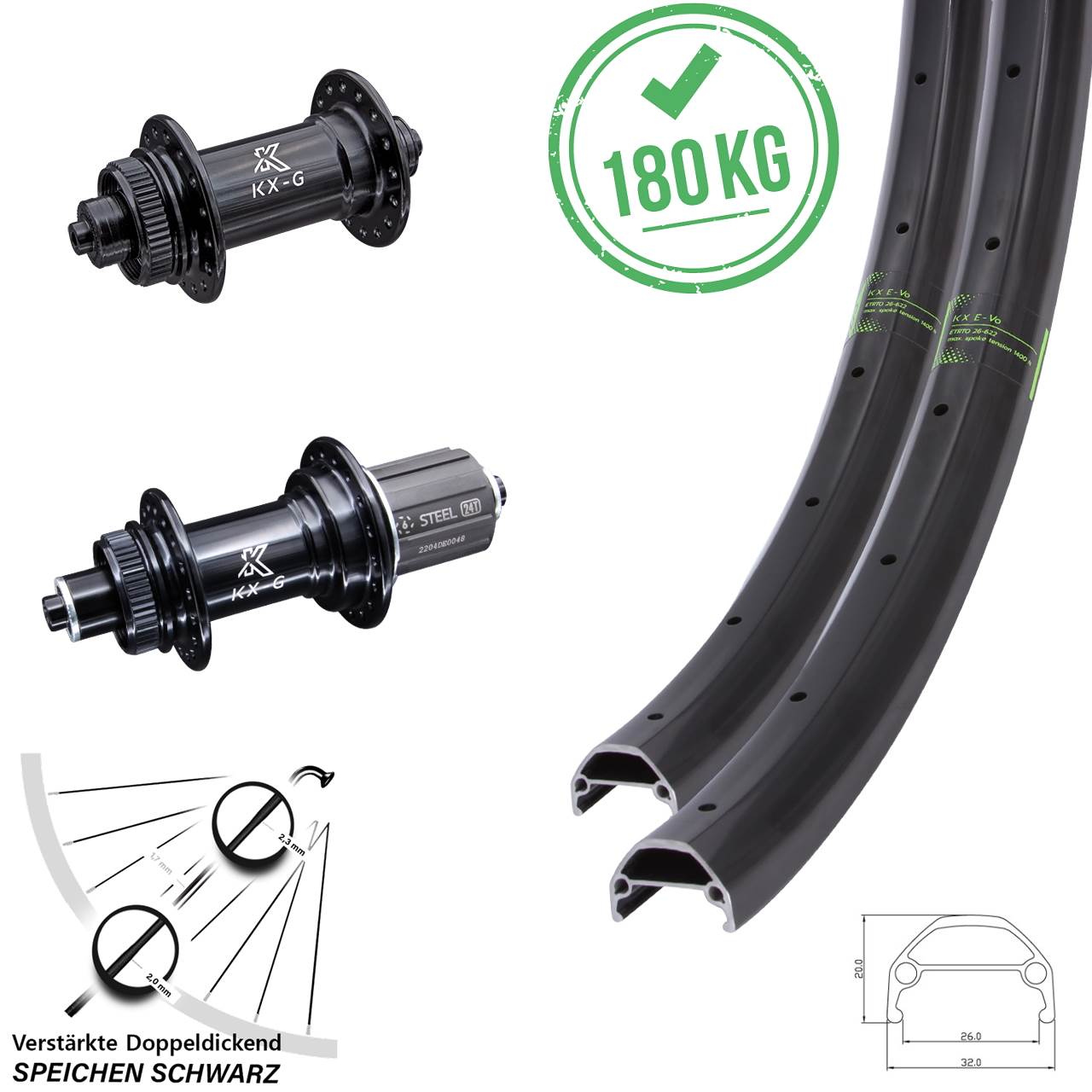Laufradsatz Lastenrad KX-GS Evo 30 mm 26 Zoll verstärkt Schnellspanner 8-12 fach E-Bike