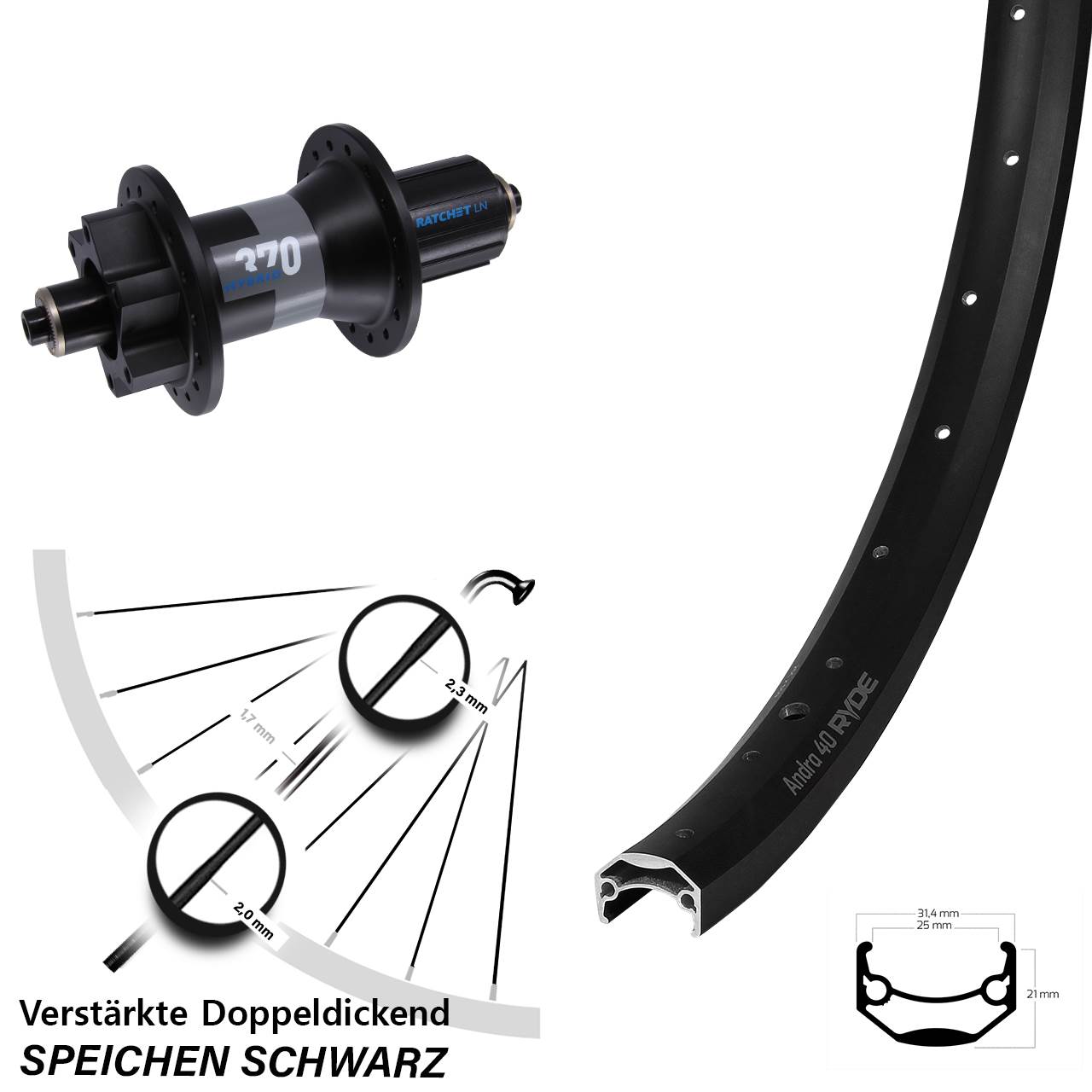 Boost 6-Loch Hinterrad QR 650B Ryde Andra 40 DT Swiss 370 Hybrid 8-11 fach HG