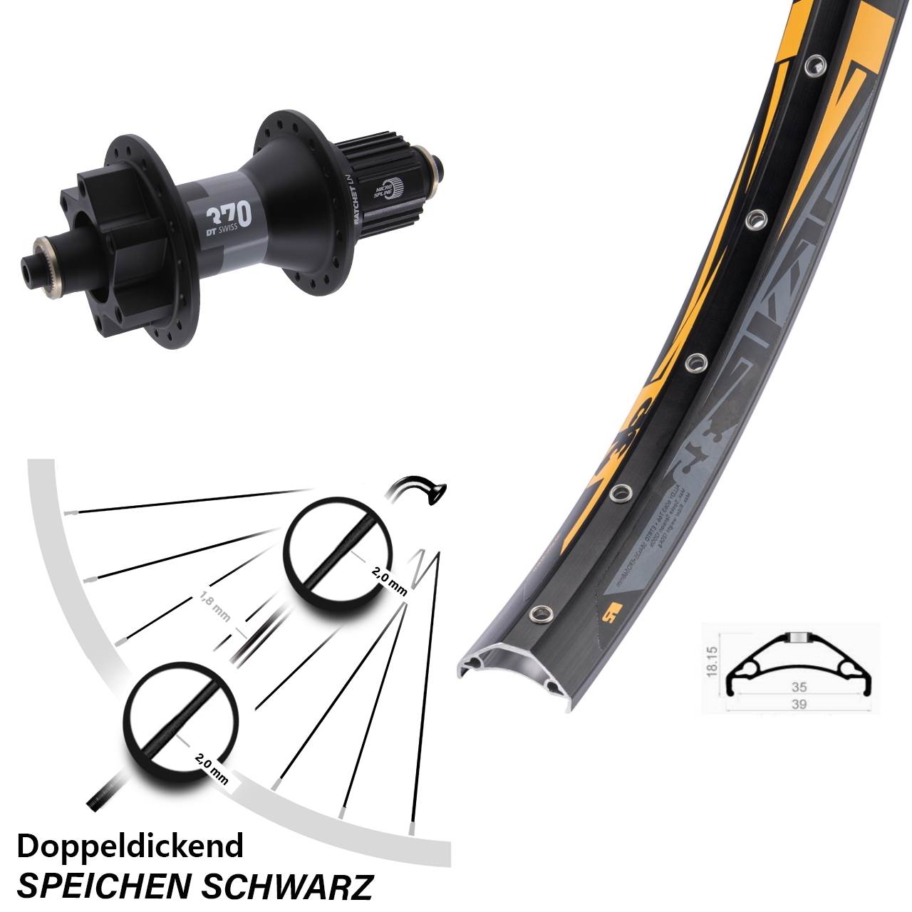 Rodi TRYP 35 DT Swiss 370 27,5 Zoll 6-Loch Hinterrad für Schnellspanner Micro Spline