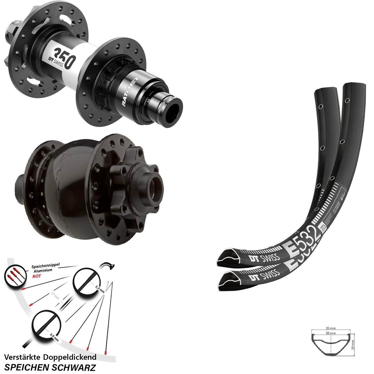 29 Zoll DT Swiss E532-350 Ratchet 36 SON 28 Laufradsatz 6-Loch 15x100 12x142 SRAM XD