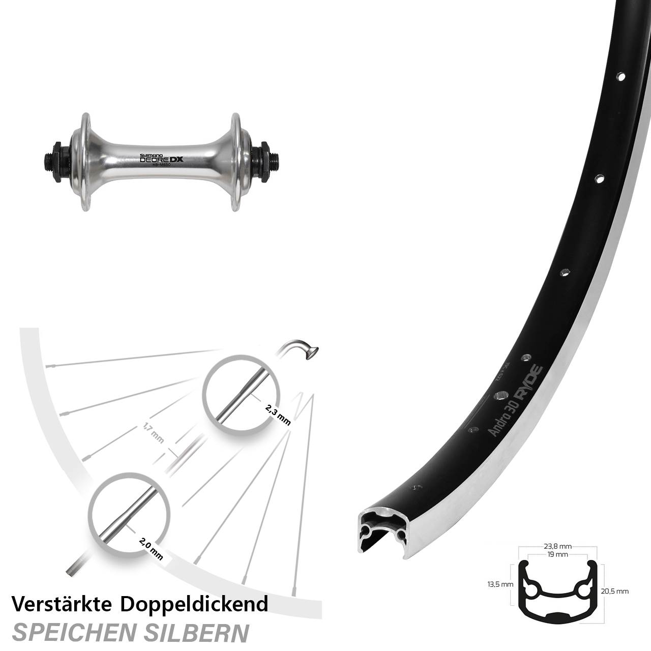 28 Zoll Ryde Andra 30 Shimano HB-M650 Vorderrad QR