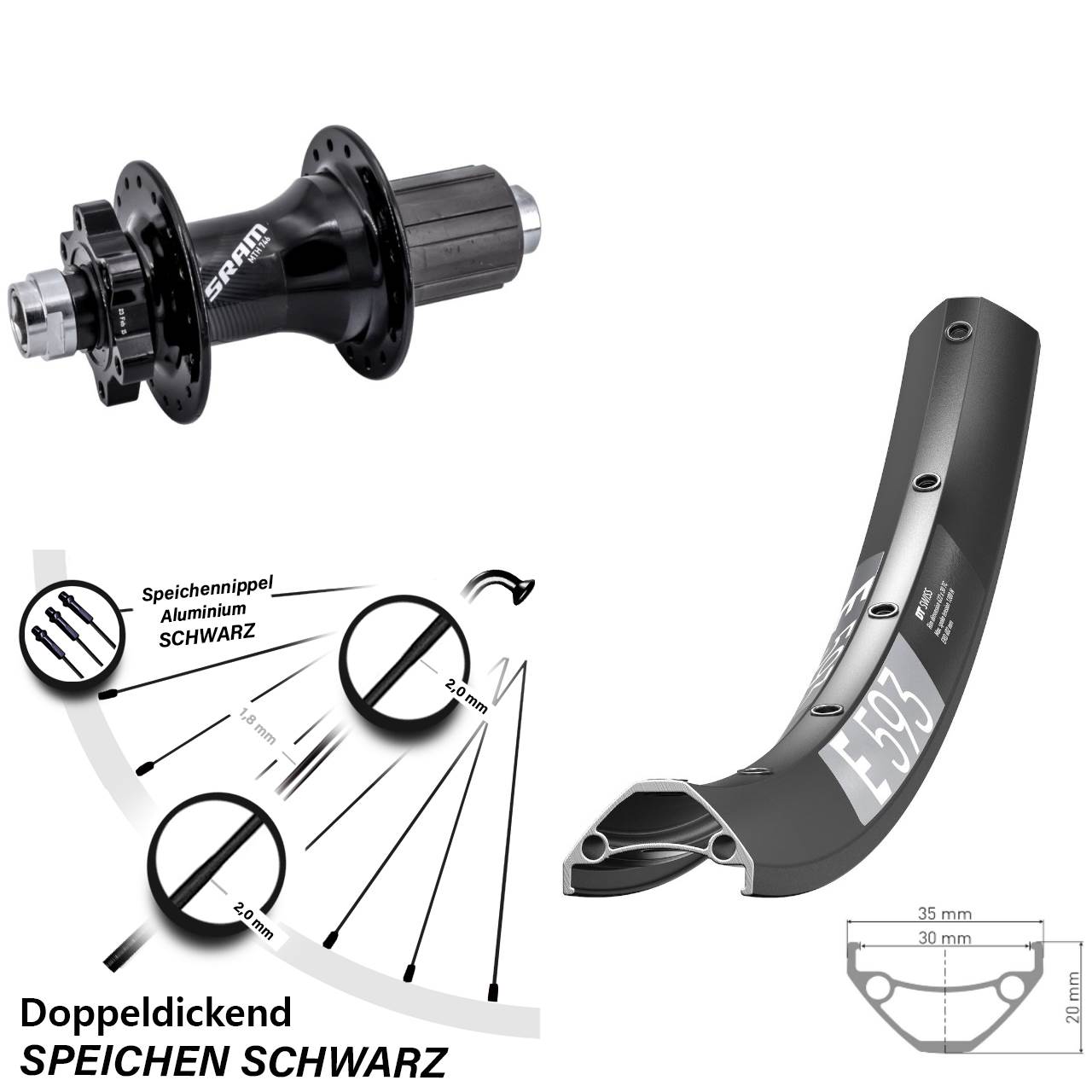 DT Swiss E 593 Sram 746 27,5 Zoll Disc Laufrad 12x148 8-11 fach HG
