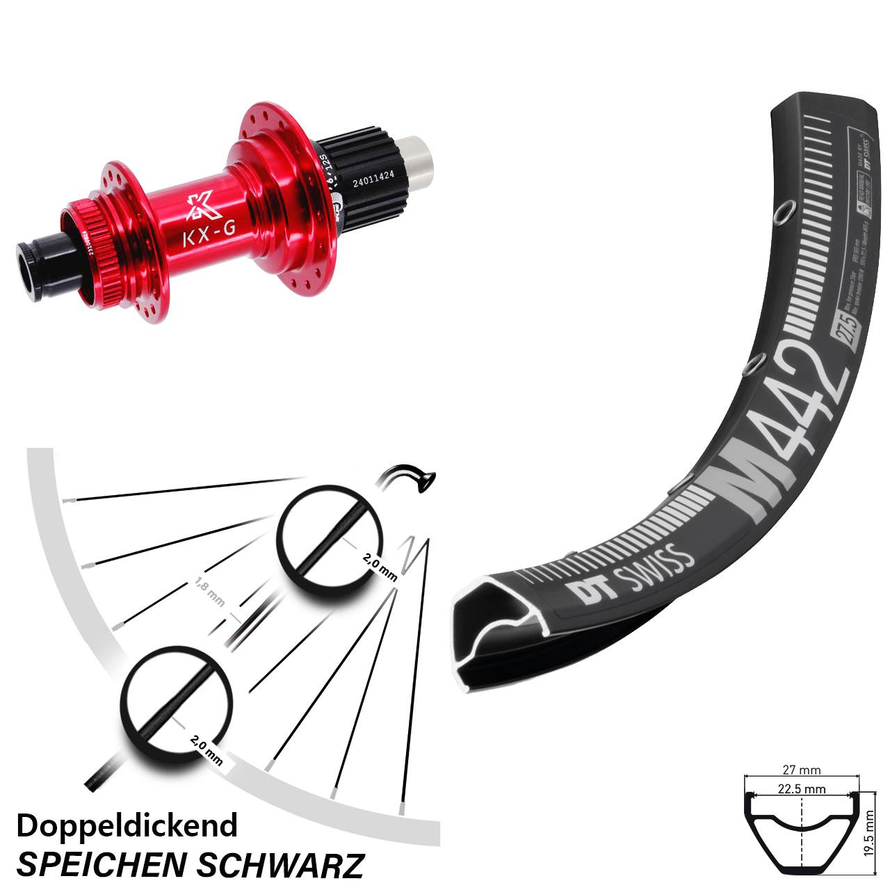 DT Swiss M 442 28 Zoll Hinterrad KX-G rot Micro Spline 12x142