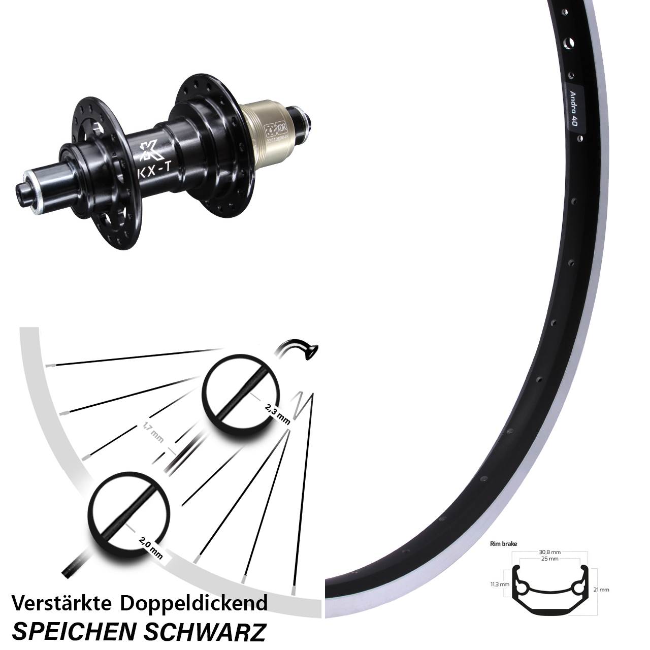 Hinterrad Ryde Andra 40 Felgennbremse KX-T schwarz Sram XD 5x135 mm 28 Zoll