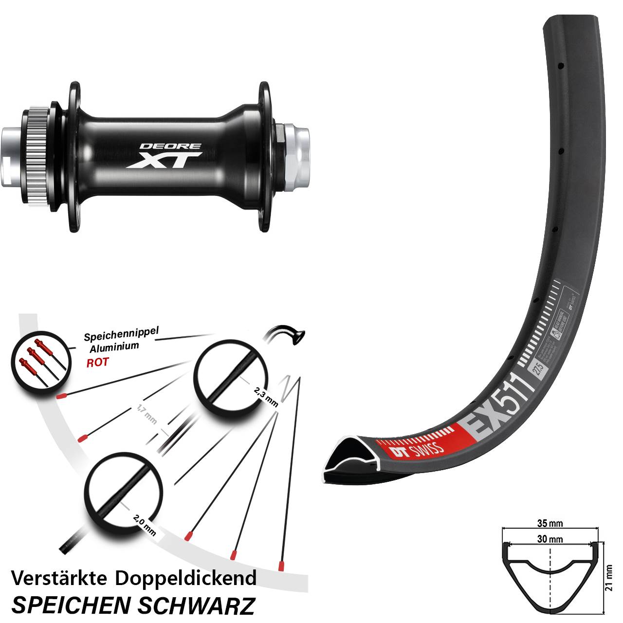 DT Swiss EX 511 Shimano Deore XT HB-M8010-B 27,5 Zoll Disc Vorderrad 15x110 Boost