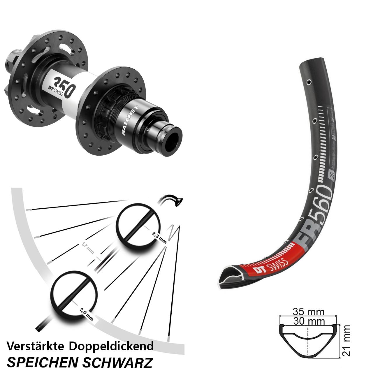 26 Zoll DT Swiss FR 560-350 Ratchet 36 6-Loch Hinterrad 12x142 SRAM XD
