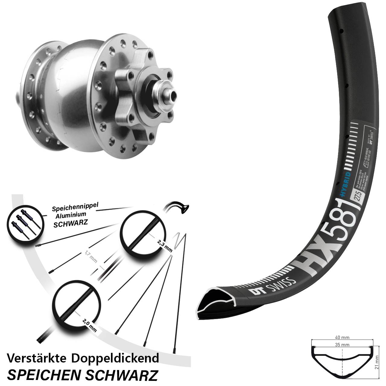 Nabendynamovorderrad 6-Loch für Schnellspanner 27,5 Zoll DT Swiss HX 581 SON 28 silbern