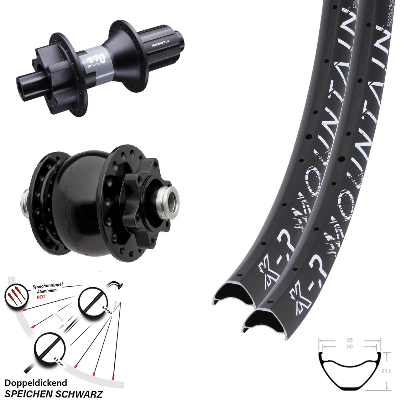Laufradsatz 29 Zoll KX-R Mountain 6-Loch 12x100/142 DT Swiss 370 SON 28 Nabendynamo HG