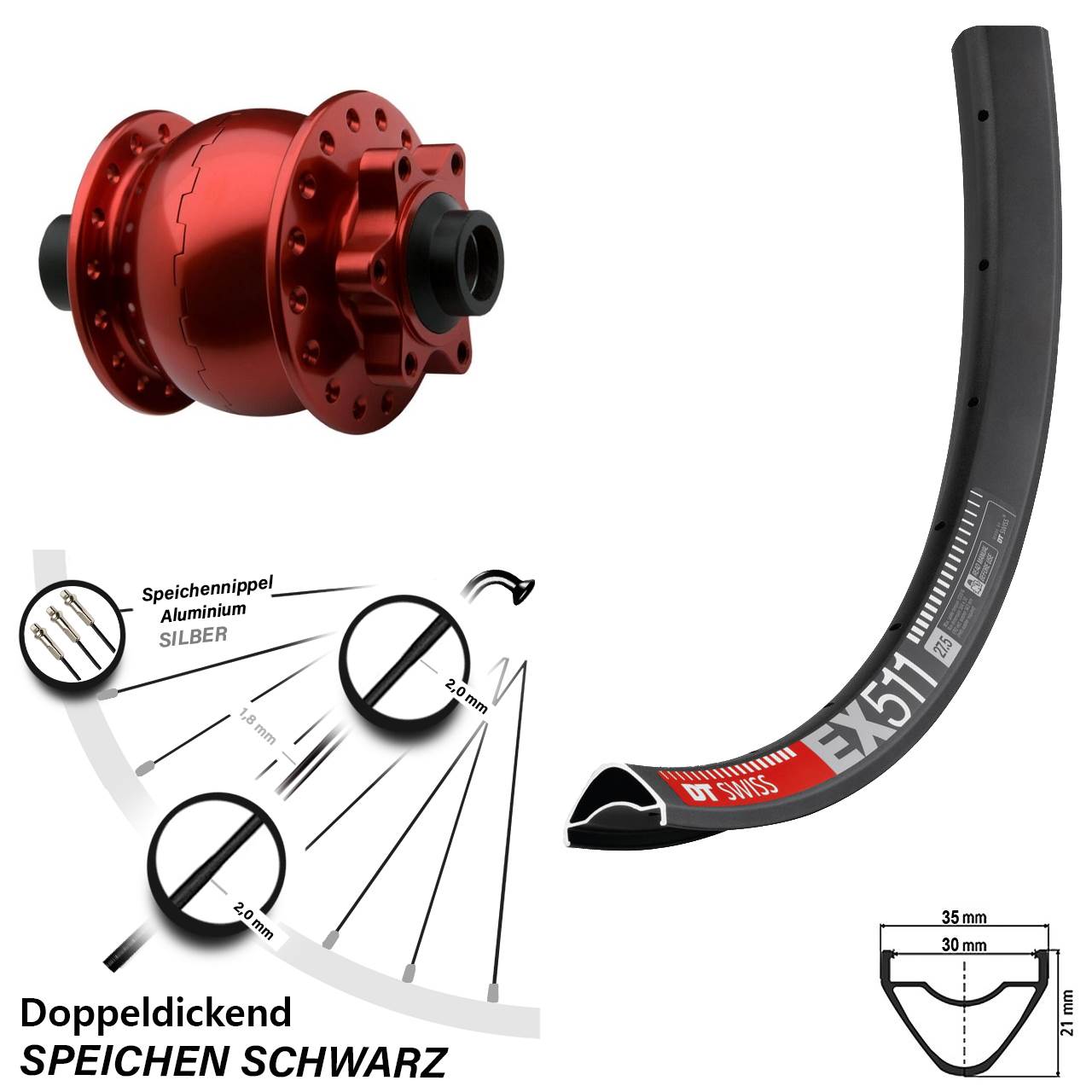 Nabendynamovorderrad 6-Loch 15x100 27,5 Zoll DT Swiss EX511 SON 28 rot