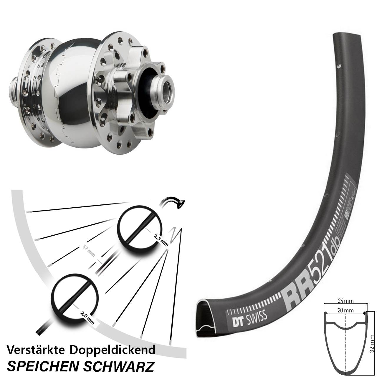 Vorderrad 28 Zoll DT Swiss RR 521 SON 28 12x100 6-Loch silbern poliert