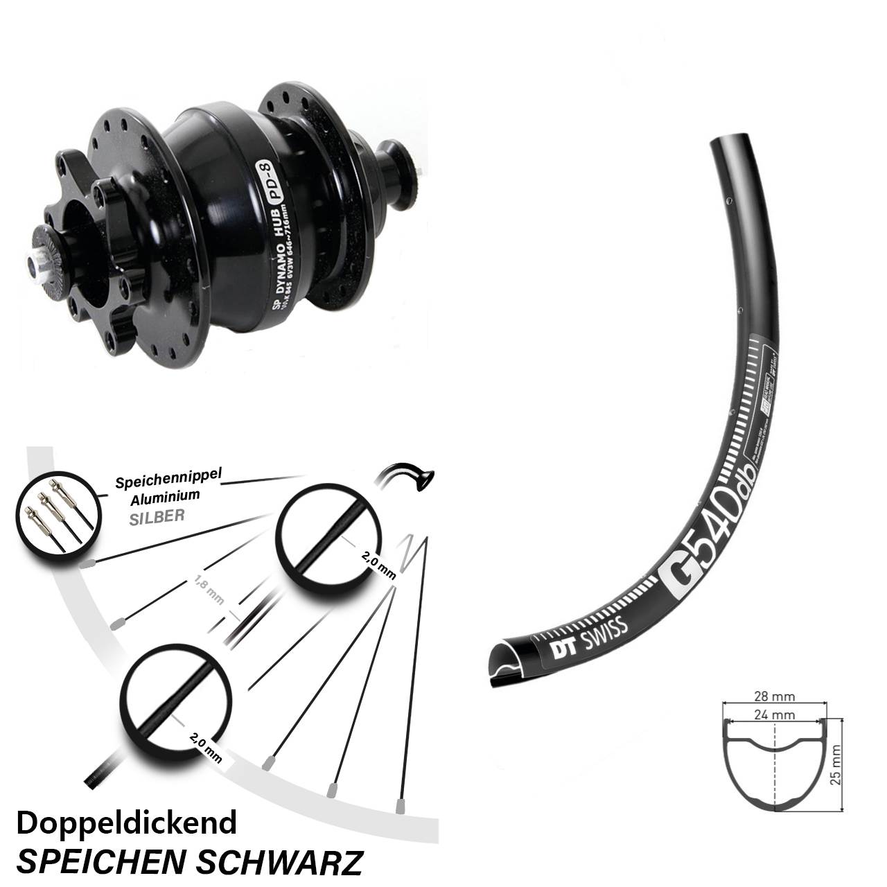 Disc Dynamo-Vorderrad QR 650B DT Swiss G 540 Shutter PD-8