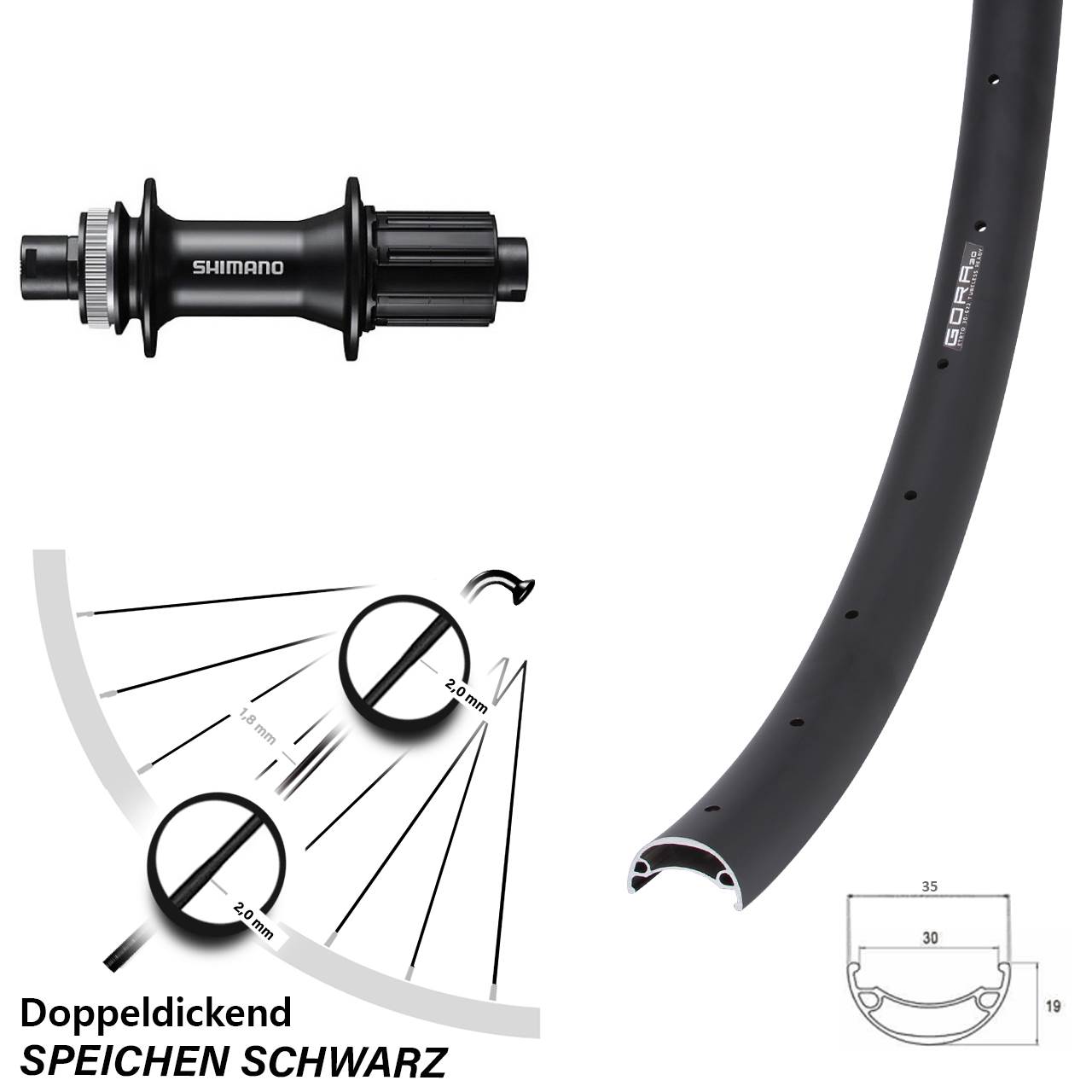 Hinterrad Centerlock 12x142 29 Zoll Gora 30 Shimano FH-MT400 8-11 fach HG