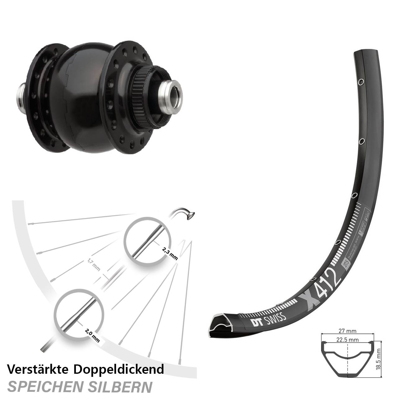 28-29 Zoll DT Swiss X412 SONdelux Dynamo-Vorderrad Centerlock 12x100