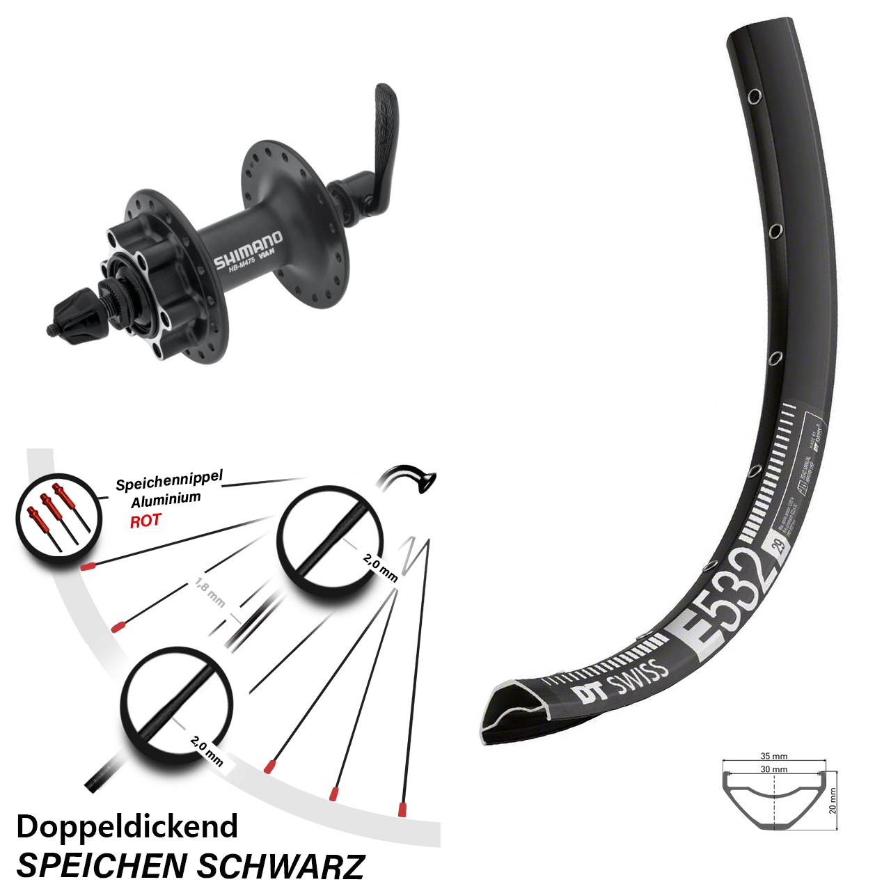 27,5 Zoll DT Swiss E 532 Shimano Alivio 6-Loch Vorderrad QR