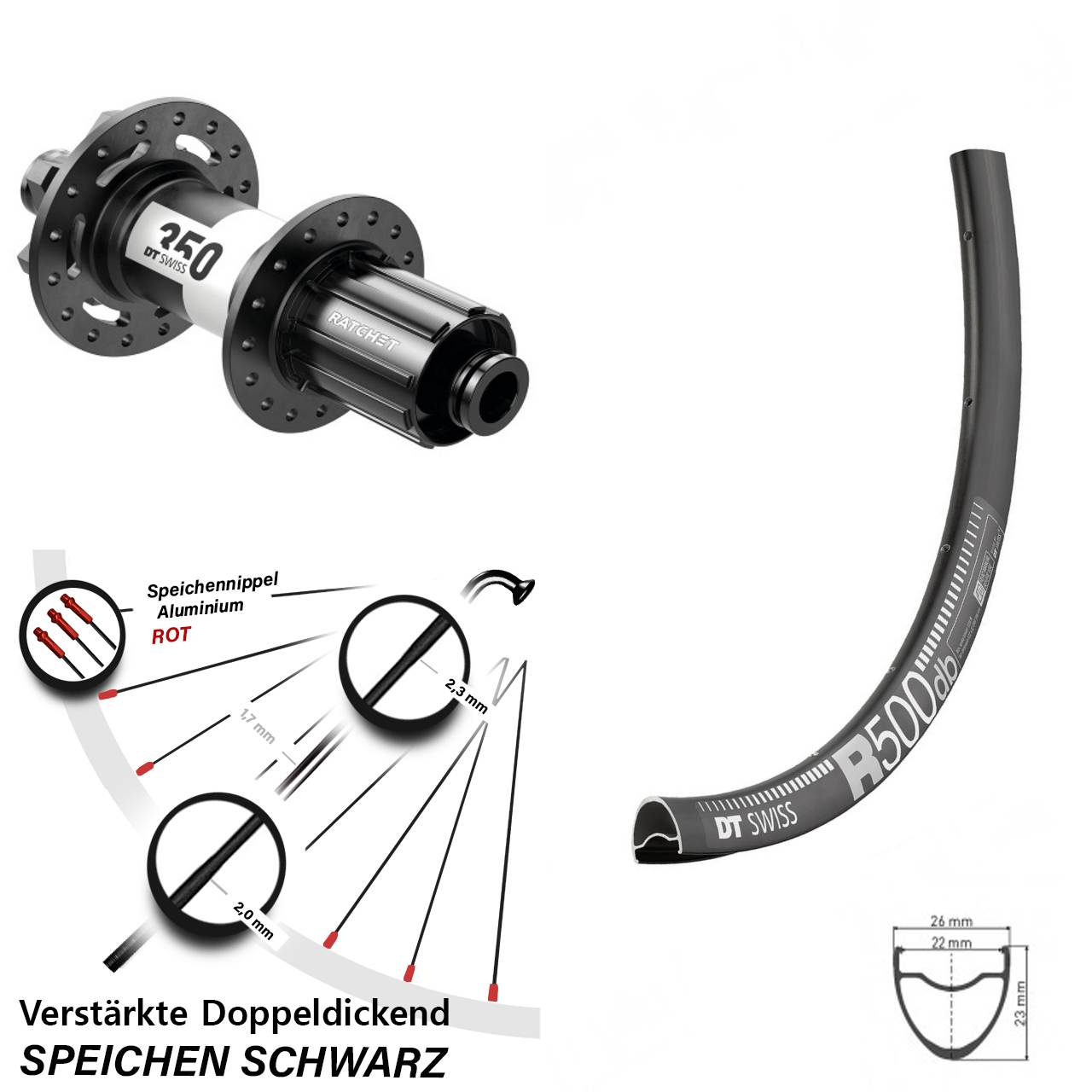 Hinterrad DT Swiss R500-350 Disc Steckachse 12x142 mm 8-11 fach