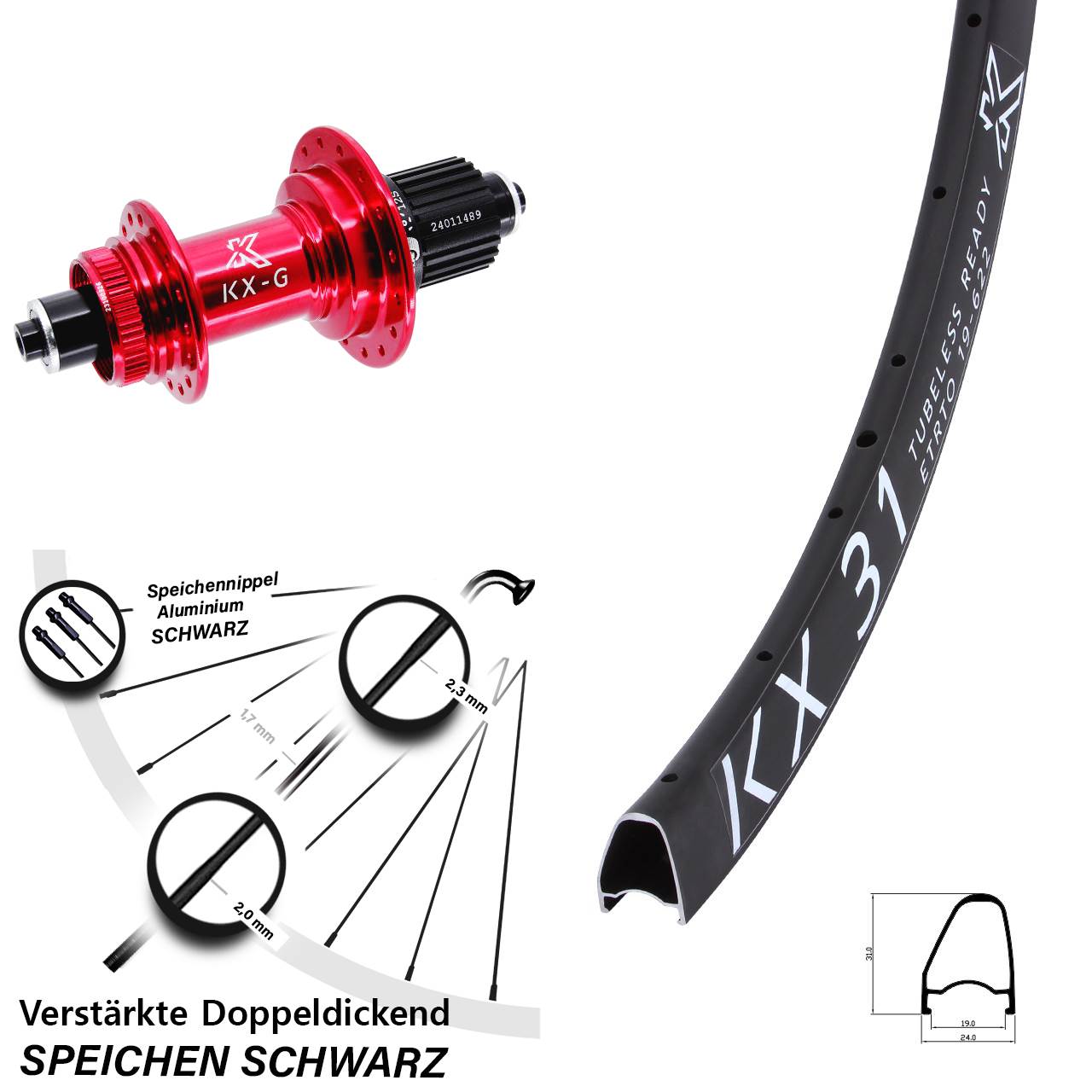 Hinterrad Centerlock für Schnellspanner 28 Zoll KX-G 31 rot Micro Spline
