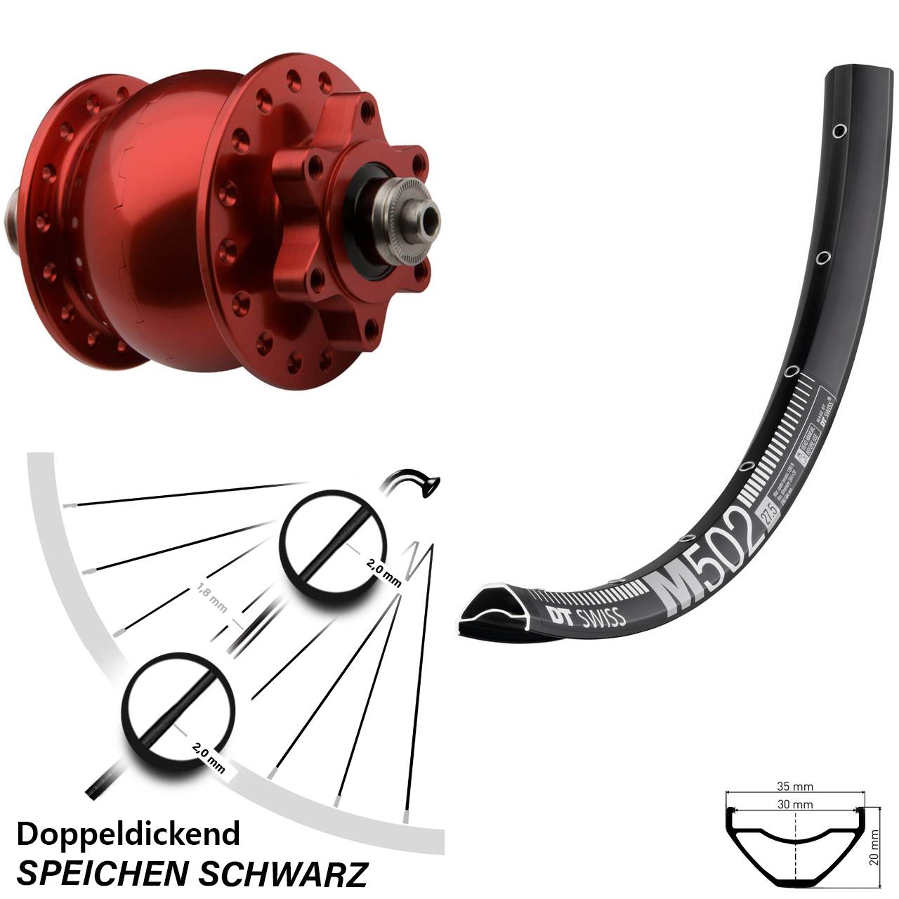 DT Swiss M 502 Vorderrad 29 Zoll Dynamo SON 28 rot eloxiert 6-Loch Schnellspanner