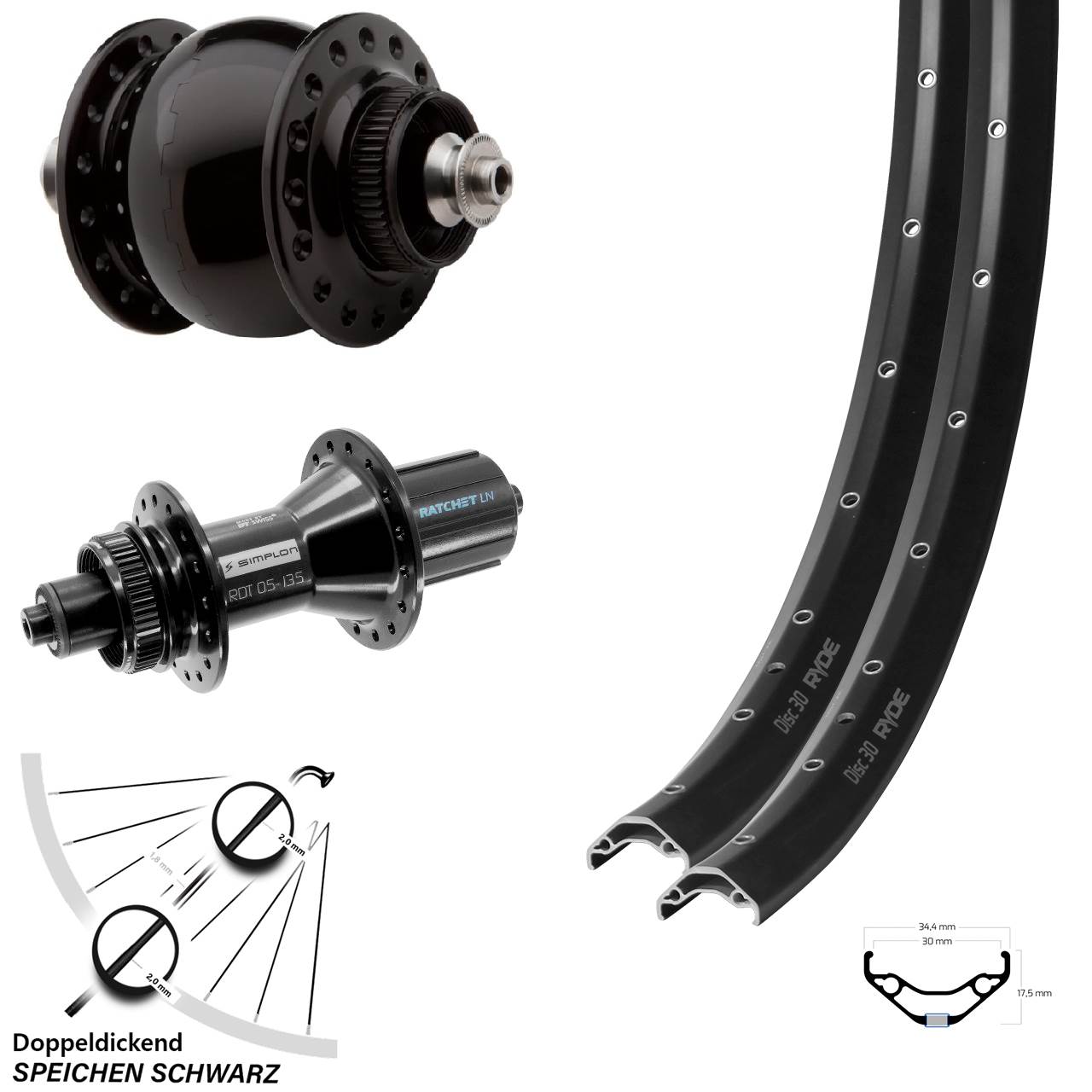 Laufradsatz Centerlock 29 Zoll Ryde Disc 30 DT Swiss 370 Hybrid SONdelux 8-11 fach HG QR