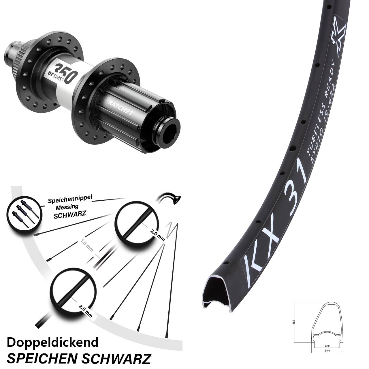 KX 31 Offset DT Swiss 350 28 Zoll Hinterrad Centerlock 12x142 11-12 fach HG