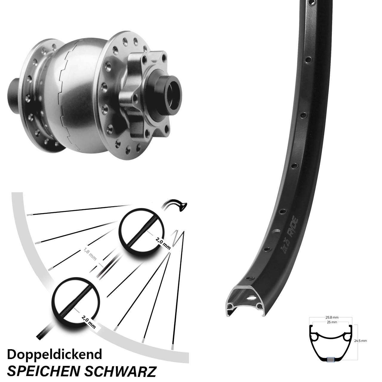 SON 28 Ryde ZAC 25 29 Zoll 6-Loch Nabendynamo-Vorderrad 15x100