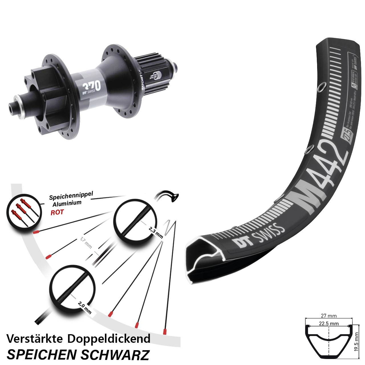 Hinterrad 6-Loch 28-29 Zoll DT Swiss M 442-370 Shimano Micro Spline für Schnellspanner