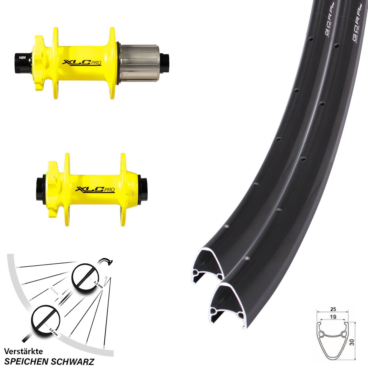 6-Loch Laufradsatz 28 Zoll Gora Plus XLC Pro gelb 8-11 fach HG 15x100 12x142