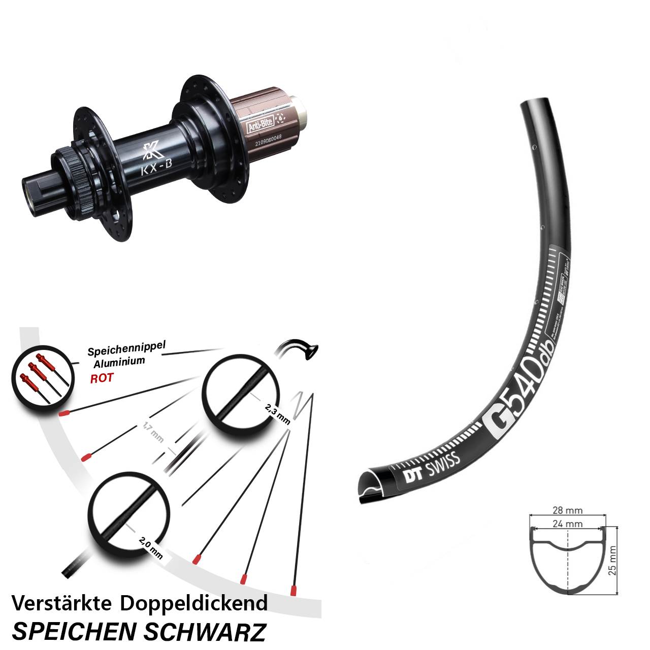 28-29 Zoll Hinterrad verstärkt DT Swiss G 540 KX-B Boost 12x148 mm Centerlock 8-12 fach