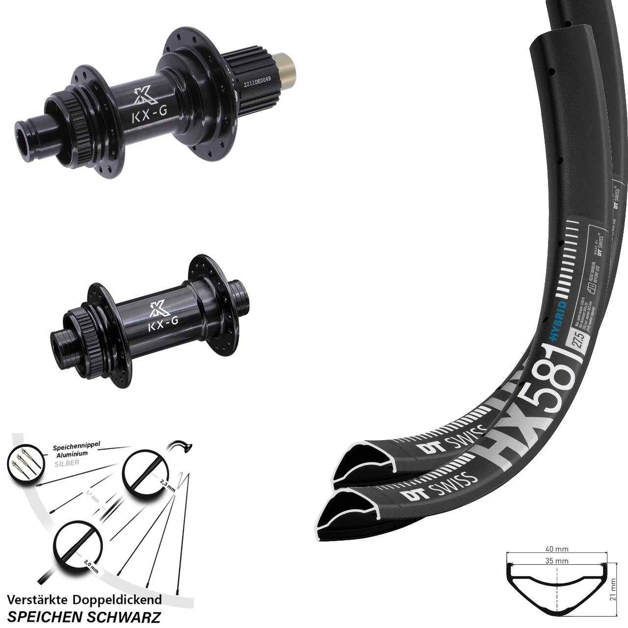 Laufradsatz Centerlock 27,5 Zoll DT Swiss HX581 KX-G Micro Spline 15x100 12x142
