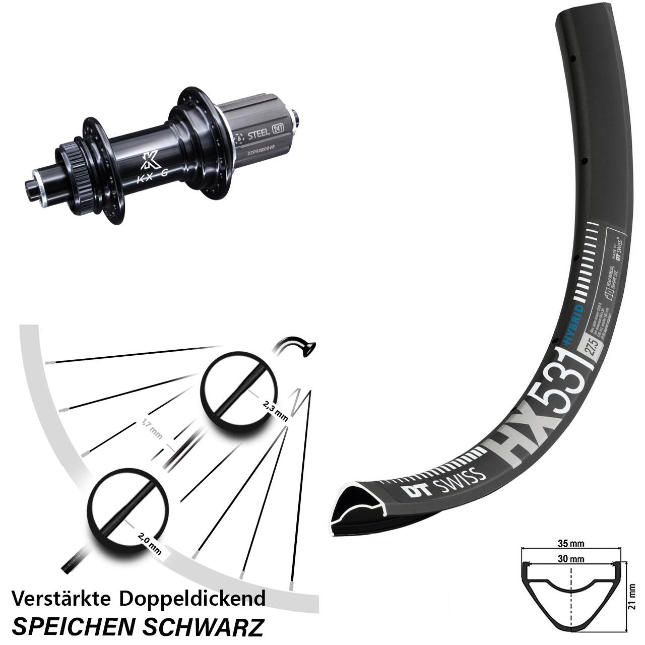 27,5 Zoll DT Swiss HX531 KX-GS verstärkt Centerlock Hinterrad QR 8-12 fach HG