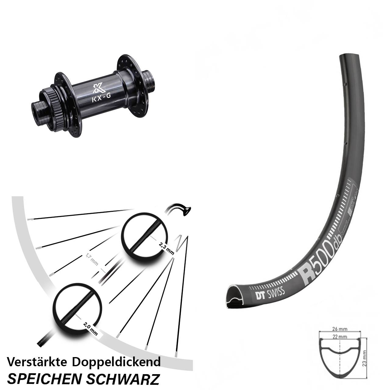 Road Disc DT Swiss R 500 Vorderrad 28 Zoll verstärkt mit KX-G Nabe 12x100 mm Centerlock