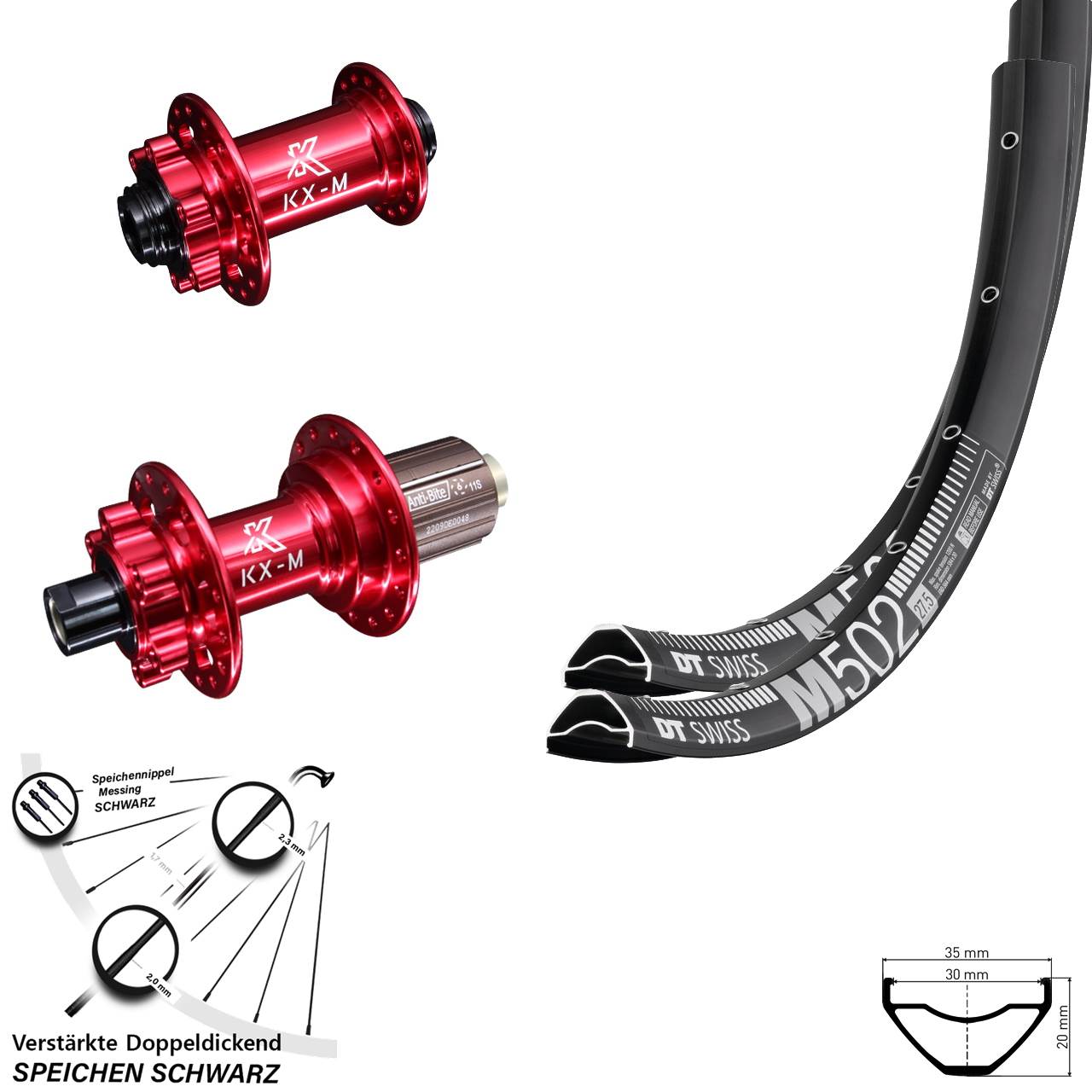29 Zoll DT Swiss M 502 KX-M rot Laufradsatz 6-Loch 15x100 12x142 8-12 fach HG