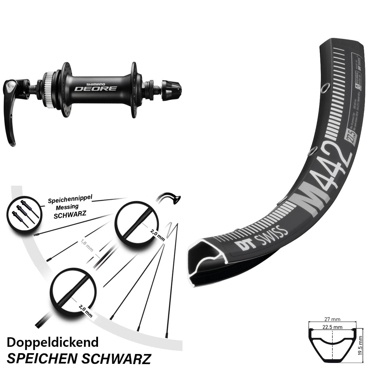 DT Swiss M 442 Shimano Deore 28 Zoll Centerlock Vorderrad für Schnellspanner