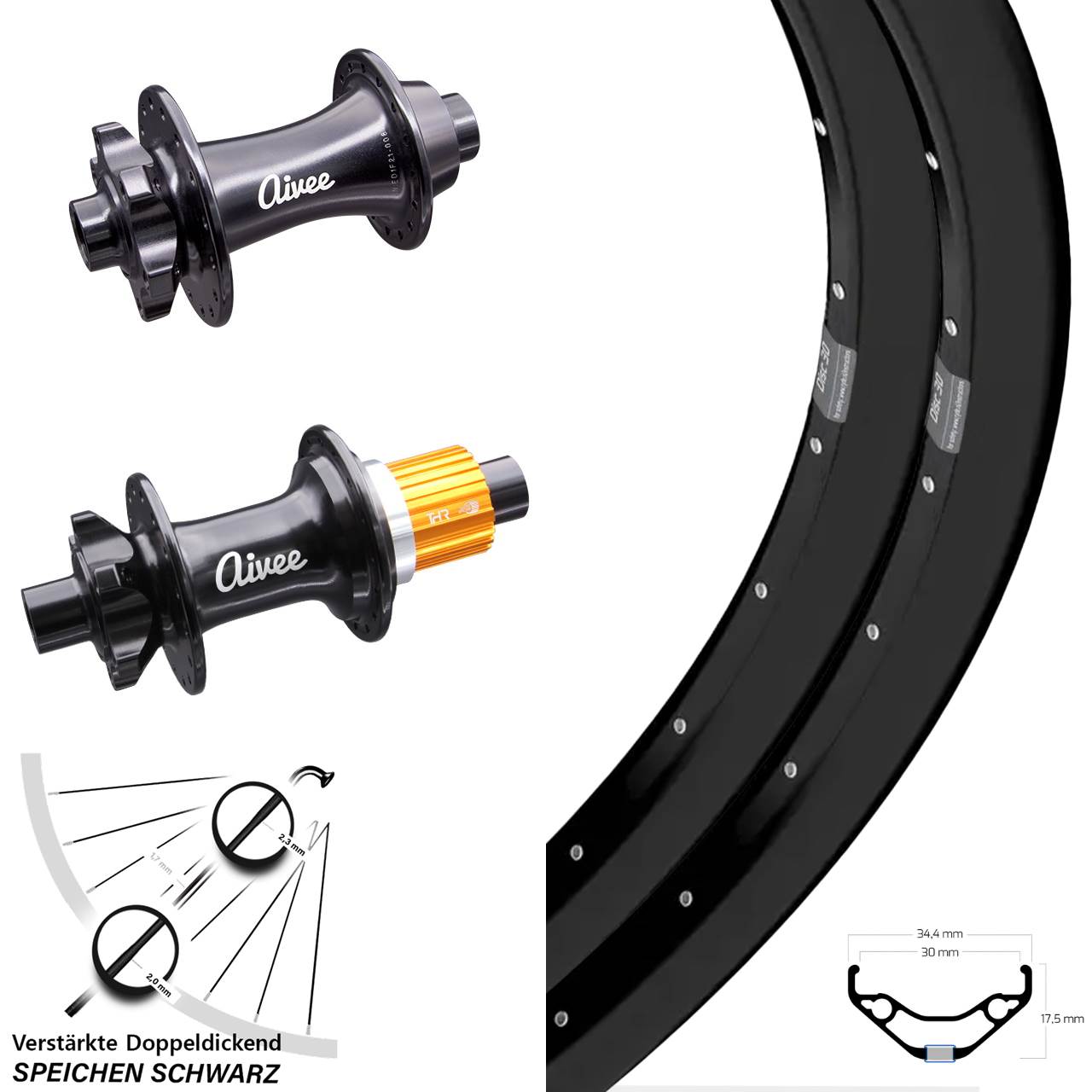 29 Zoll Ryde Disc 30 Aivee Classic Laufrad-Satz 15x110 12x148 Shimano Micro Spline
