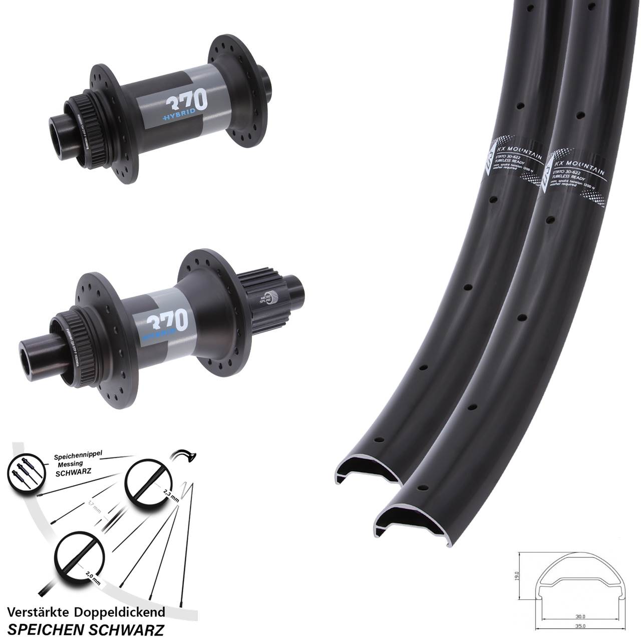 Laufradsatz 15x110 12x148 29 Zoll KX Mountain DT Swiss 370 Hybrid Shimano Micro Spline