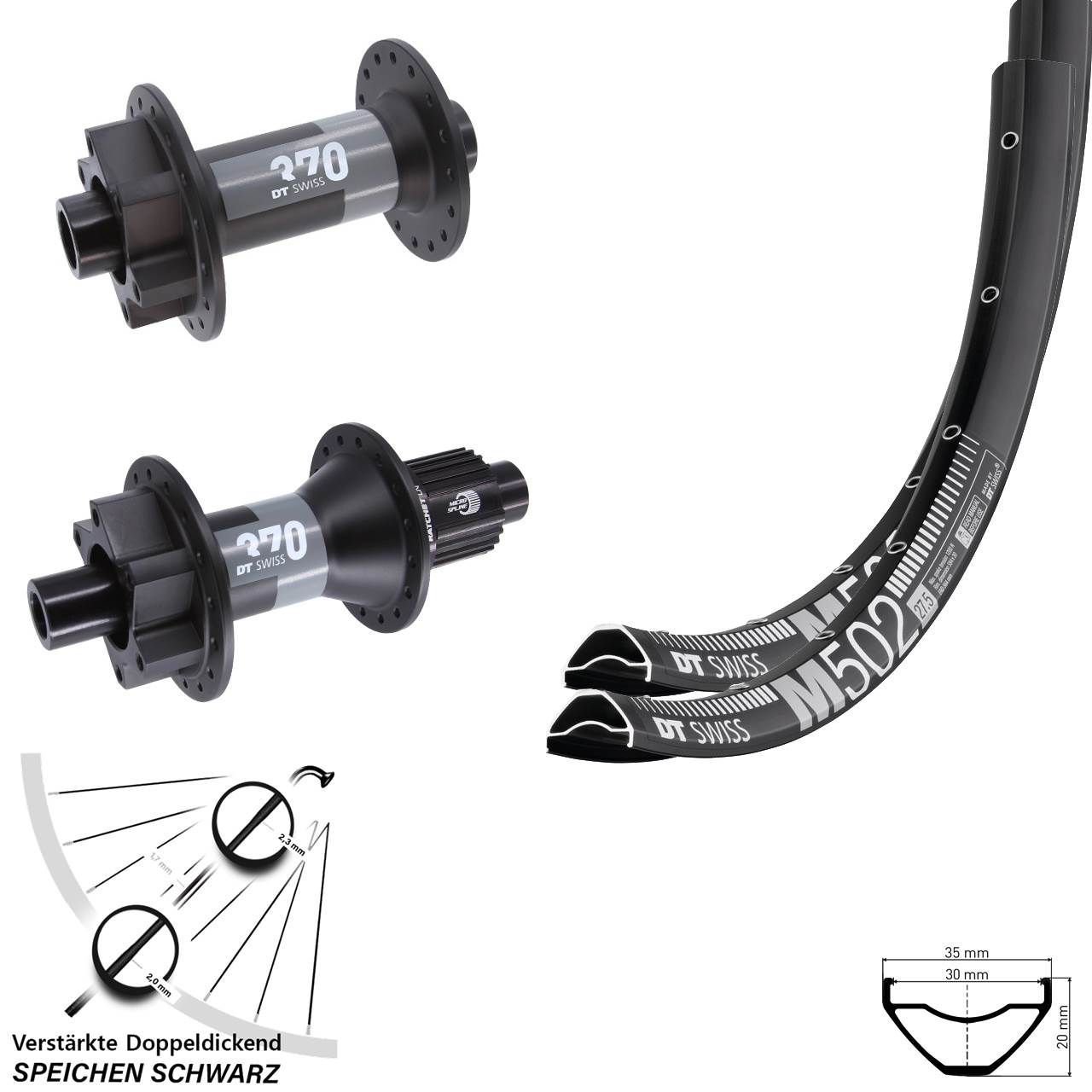 29 Zoll DT Swiss M 502-370 Laufrad-Satz 6-Loch 15x110 12x148 Shimano Micro Spline