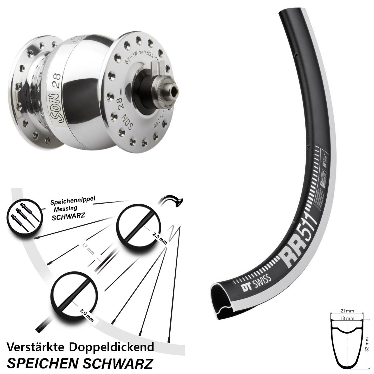 Nabendynamo-Vorderrad SON 28 Zoll DT Swiss RR 511 für Schnellspanner