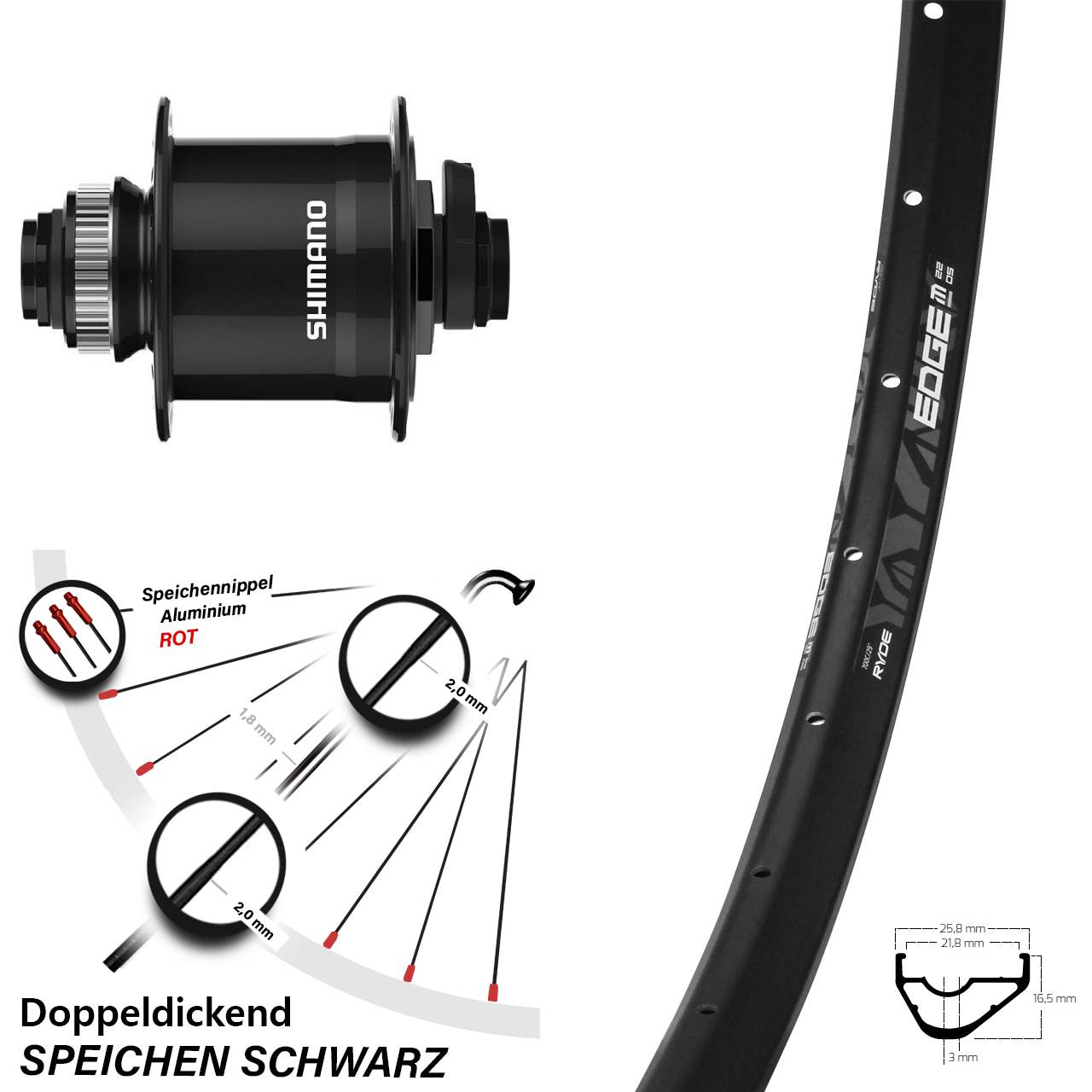 Nabendynamo-Vorderrad Centerlock 28 Zoll Ryde Edge M22 Shimano DH-UR708-3D 15x100