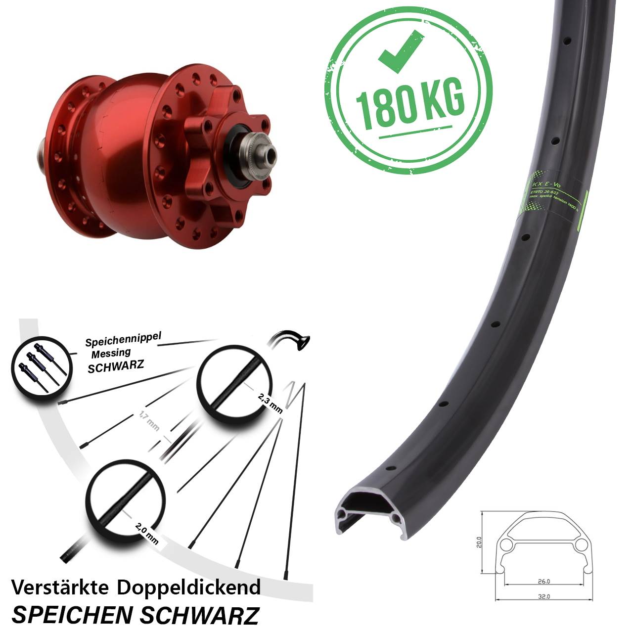 SON 28 Zoll rot KX Evo Disc Laufrad mit Nabendynamo QR