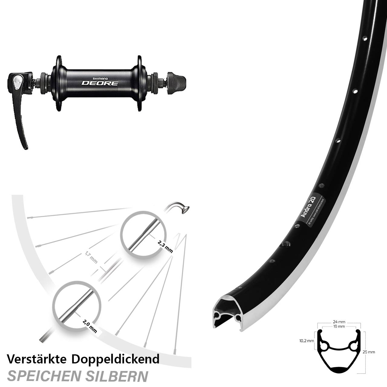28 Zoll Ryde Andra 20 Shimano Deore HB-T610 Vorderrad für Schnellspanner