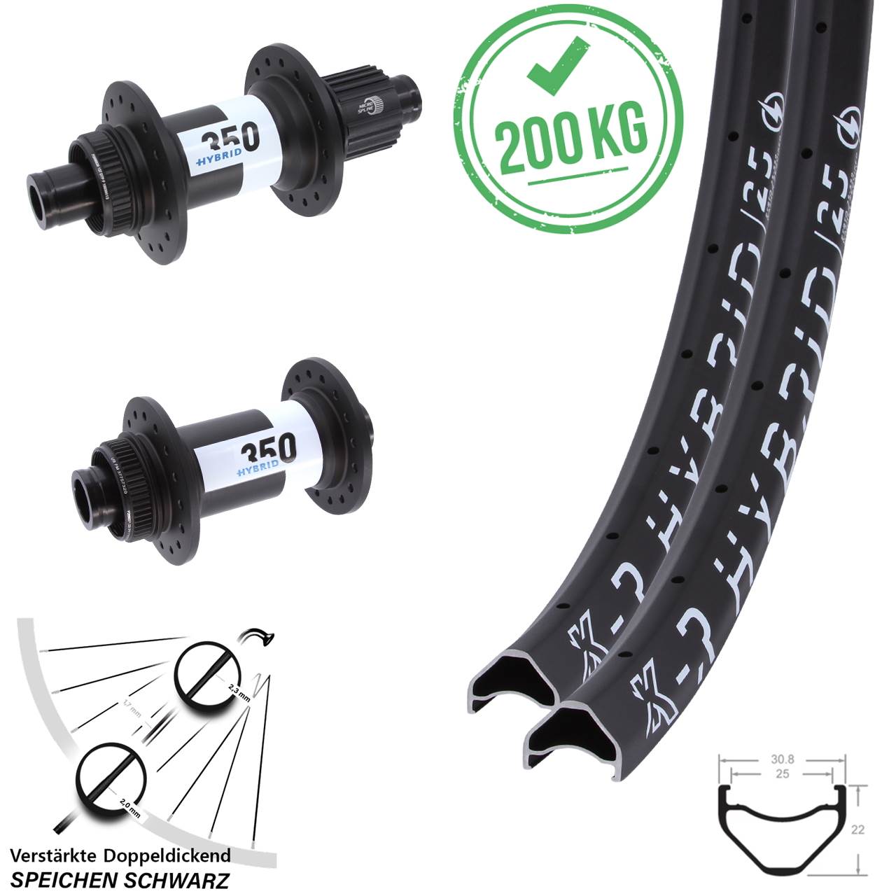 Laufrad-Satz 15x110 12x148 27,5 Zoll KX-R Hybrid 25 DT Swiss 350 Micro Spline